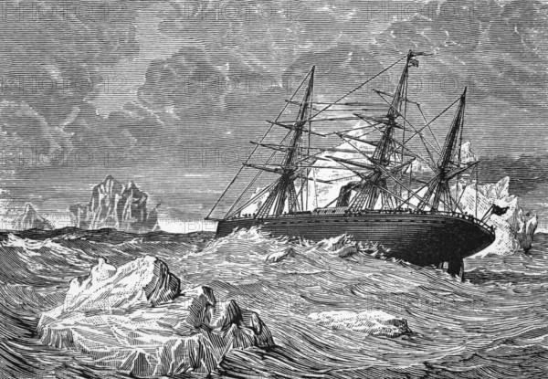 An ocean liner between icebergs, the Strait of Belle Island (or Strait of Labrador) separating Labrador and Newfoundland, c. 1870, Canada, digital reproduction of a historical model