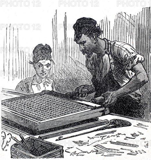 Production of matches, the impregnation of the matches with the frame, digitally enhanced reproduction of a 19th century template, historical