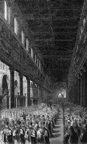 The papacy, a procession of the clergy, probably in the 4th century, digital reproduction of a historical model