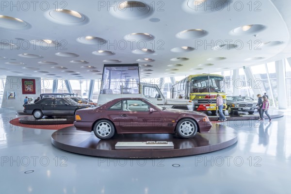 Mercedes-Benz 500 SL from 1991 driven by Princess Diana, Lady Di. The Mercedes-Benz Museum in Stuttgart presents a journey through the automotive history of the global corporation. Collection 4, Gallery of Names. The history of the Mercedes star begins with the first automobile in 1886. 160 vehicles are on display. Stuttgart, Baden-Württemberg, Germany