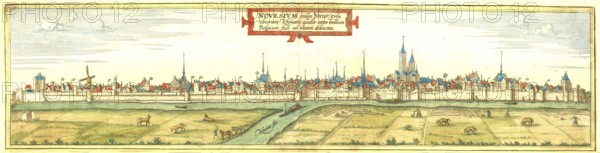 The town of Neuss in front of the war in 1586, North Rhine-Westphalia, Germany, Historical, digitally restored reproduction from a 19th century original, Record date not stated