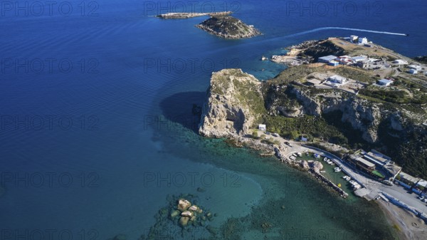 Aerial view of cliffs and buildings on a rocky coast, Stegna Beach, Stegna viewpoint, Stegna, east coast, Rhodes, Dodecanese, Greek Islands, Greece