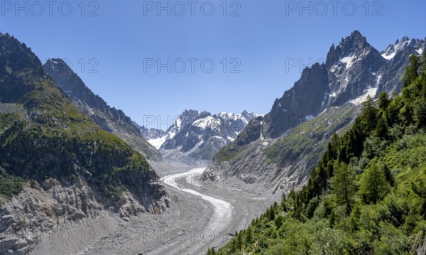 Picturesque mountain landscape with imposing mountain peaks and glaciers, Grand Balcon Nord, Mer de Glace glacier tongue, Grandes Jorasses at the back, Mont Blanc massif, Montenvers, Chamonix, Haute-Savoie, France