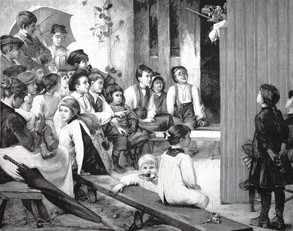 The children's party, many children watch a puppet show, Punch and Judy in the village, around 1880, France, Historical, digitally restored reproduction from a 19th century original, Record date not stated