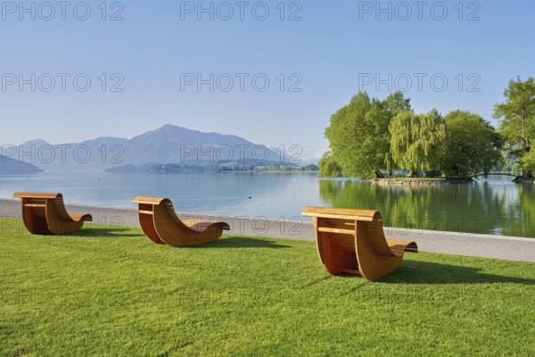 Wooden loungers on Lake Zug, behind the Rigi, Villette, Park, Cham, Canton Zug, Switzerland