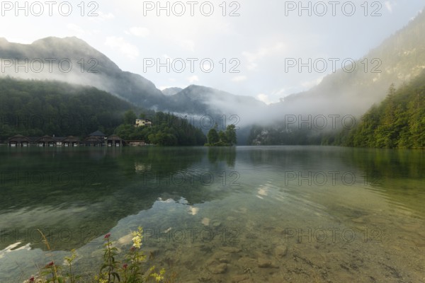Mystical morning at Königssee in Schönau with boathouses and Christlieger. Sunrise and beautiful wafts of mist over the Königssee in the basin
