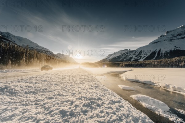 Winter road trip on the Icefields Parkway with lots of snow and ice, Banff National Park, Jasper National Park, Alberta, Canada