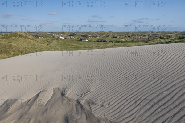 Dunes, wave pattern in the sand, holiday settlement, blue sky, Hvide Sande, North Sea, Denmark