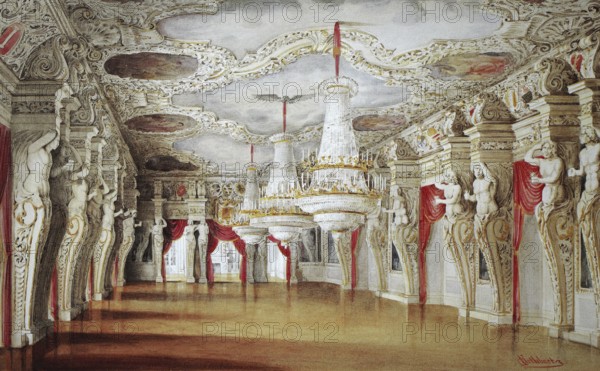 The Giant's Hall in Ehrenburg Castle, 1845, Coburg, Upper Franconia, Bavaria, Germany, Historical, digitally restored reproduction from a 19th century original, Record date not stated