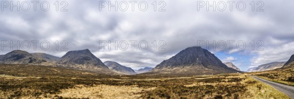 Panorama of Mountains and Moors over Glen Etive Valley, Glencoe, Highlands, Scotland and Buachaille Etive Mòr, The Buachaille, Glen Etive, Highlands, Scotland, UK