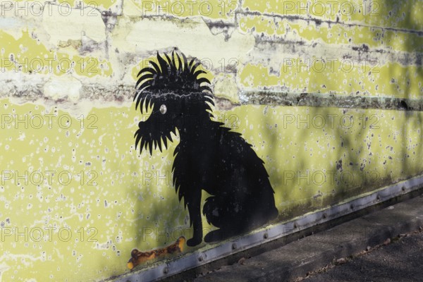 Black dog with bone, funny mural at Cologne Zoo car park, graffiti, Cologne, North Rhine-Westphalia, Germany