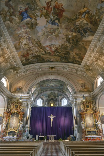 Interior with large purple Lenten cloth in front of the high altar, baroque parish church of St Nicholas, built between 1722 and 1724, Kirchacker 20, Tannheim, Austria