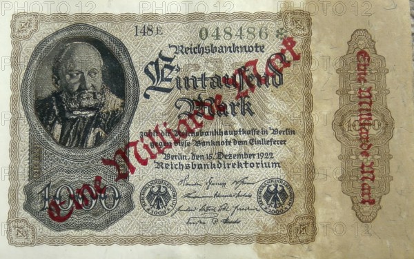 Banknote, Banknote, Inflation, 1000 Mark note overprinted with 1 Million Mark, 1923, Germany, reproduction of a historical banknote