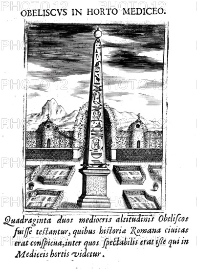 Obelisk, Obeliscus in Horto Mediceo, Guglia nel Giardino de Medici, Rome, Italy, Historical, digitally enhanced reproduction from Grandezze della citta di Roma antiche et moderne by Jacomo Crulli de Marcucci, from the year 1630