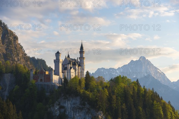 Romantic castle against an Alpine backdrop at dusk, Neuschwanstein, Schwangau near Füssen, Ostallgäu district, Swabia, Bavaria, Germany