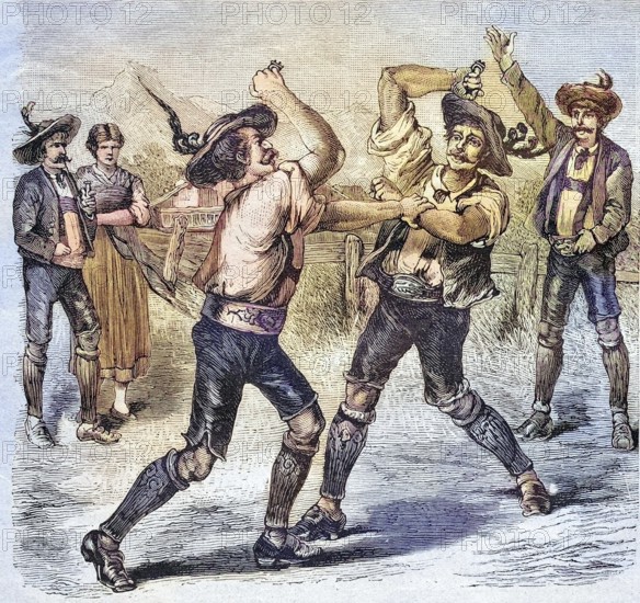 Fist fight with brass knuckles in Tyrol, Austria, coloured wood engraving, reproduction from a model from ca 1888, Historical, Two men in traditional dress in a fight, surrounded by spectators