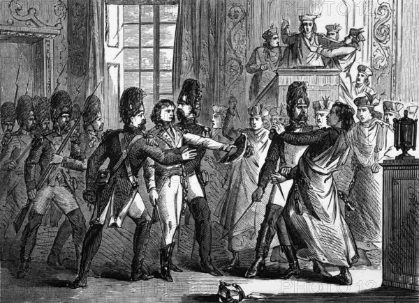 Napoleon Bonaparte leads a group of grenadiers who expelled the Council of Five Hundred (the lower house of the legislature) from its chambers and installed him as leader of France and its first consul in the coup d'état of the 18th Brumaire, digital reproduction of a historical model