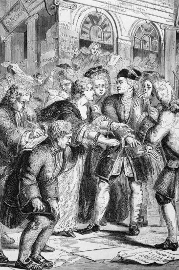 Frenzied investors in the South Sea bubble, the speculative mania that bankrupted many British investors in 1720. It was a hoax involving the assets of the South Sea Company, which had been founded in 1711 to trade with Spanish America, England, digital reproduction of a historical original