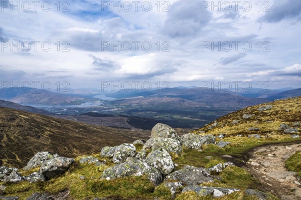 View from Nevis Range Mountains, Grampian Mountains, Fort William, Highland, Lochaber, Scotland, UK