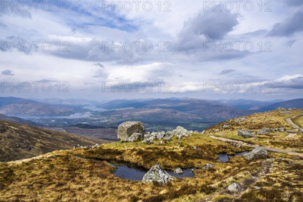 View from Nevis Range Mountains, Grampian Mountains, Fort William, Highland, Lochaber, Scotland, UK