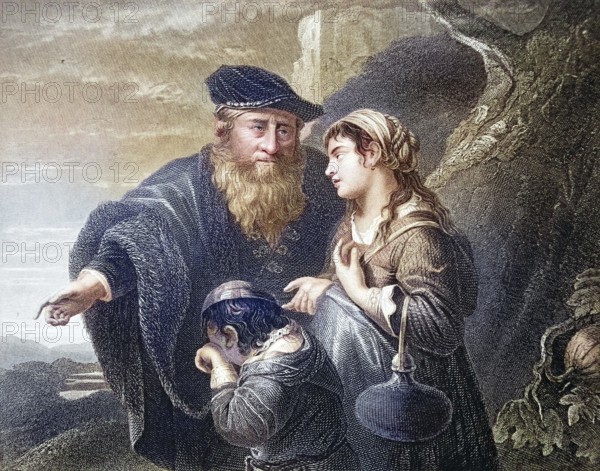Abraham, according to the biblical book of Genesis one of the three patriarchs of the people of Israel and Hagar, Agar, in the Old Testament the Egyptian handmaid of Sarah, Abraham's concubine, after a painting by Govaert Flinck