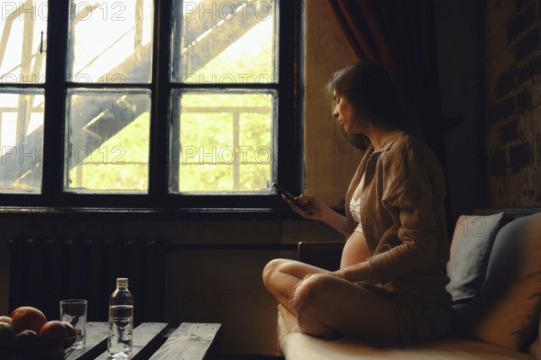 A pregnant woman sits cross-legged on a couch in a cozy room, looking out of the window. She is using her smartphone while surrounded by natural light and a few snacks on the table