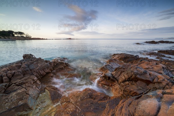 Rocky coast, sunrise, Plage de Palombaggia, Corsica, France