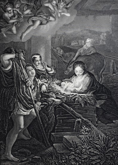 The Holy Night, Birth of Jesus in the stable at Bethlehem, steel engraving after a genre painting by Correggio, historical, digitally restored reproduction of a 19th century model