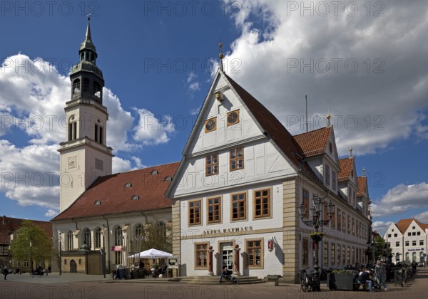 Town church and old town hall, south gable with pillory, Stechbahn, Celle, Lower Saxony, Germany