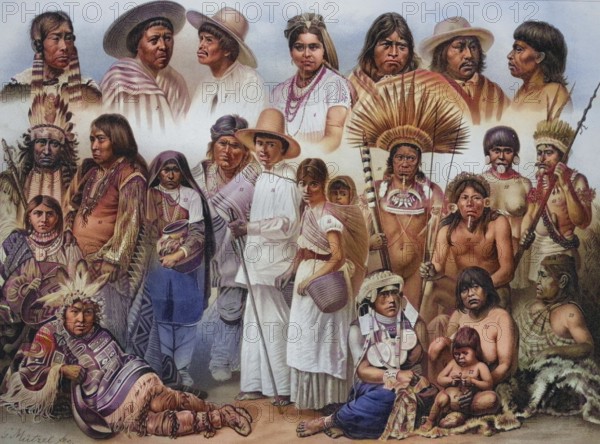 Types of American peoples: 1. Labrador Eskimo woman, 2. Mexican, 3. Highland Mexican, 4. Yucatan Mexican, 5. Indian from Ecuador, 6. Indian from Peru, 7. Ipurina, 8. Sioux, 9+10. Apache, 11. Bellacoola, 12.+13. Pueblo Indian, 14.+15. Zapoteca, 16. Bororo, 17. Caraja, 18. Botokudin, 19. Omagua from Brazil, 20. Araucanian from Chile, 21.+22. Feuerlaenderin, 23. Patagonian, coloured wood engraving, reproduction from a model from ca 1888, historical, groups of indigenous people in traditional costumes and jewellery, close together