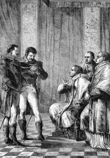 The arrest of Pope Pius VII after the occupation and annexation of the Papal States by France in 1809, whereupon he was exiled to Savona in northern Italy, digital reproduction of a historical model