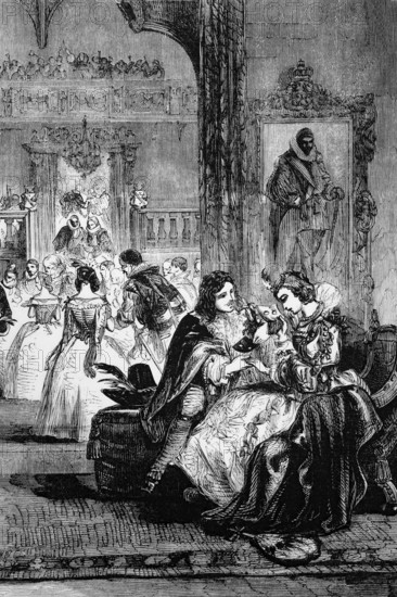 The first interview (or meeting) of Prince Charles (later King Charles I) and Princess Henriette, the youngest daughter of King Henry IV of France, who was to become the King's woman in 1625, England, digital reproduction of a historical original
