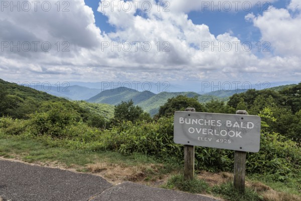 Sign at Bunches Bald Overlook along the Blue Ridge Parkway in the Smoky Mountains near Cherokee, North Carolina, USA