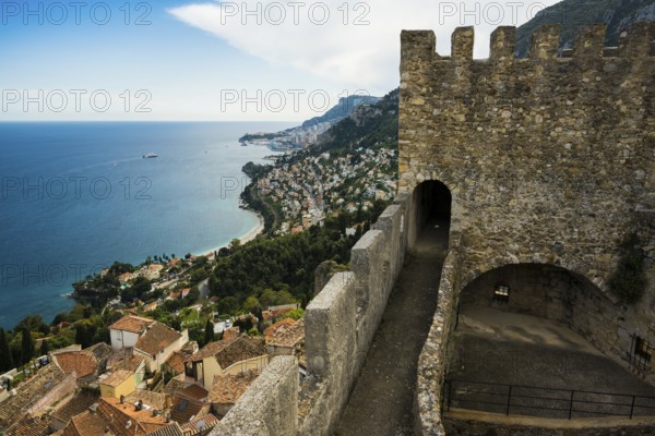 Picturesque mountain village overlooking the sea, Roquebrune, Roquebrune-Cap-Martin, near Monaco, Cote d'Azur, Alpes-Maritimes, Provence-Alpes-Cote-d'Azur, South of France, France