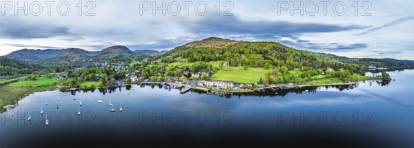 Panorama of Sunset over Windermere Lake from a drone, Ambleside, Lake District, Cumbria, England, United Kingdom