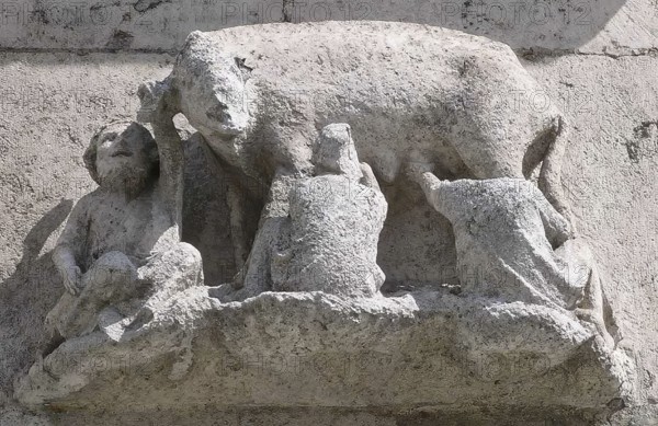 Stone sculpture, wall pillar outside the south entrance, the Judensau from the 14th century, at Regensburg Cathedral, Bavaria, Germany, Historical, digitally restored reproduction from a 19th century original, Record date not stated