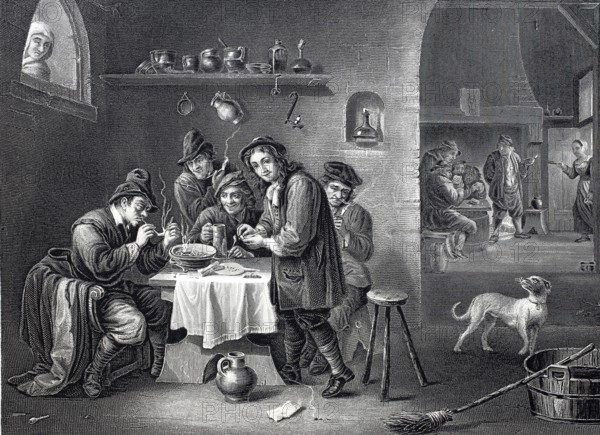 Company of smokers in the parlour of a farmhouse, around 1650, Historic, digitally restored reproduction of a 19th century original, A family enjoying a meal together with a dog in a simple rural interior