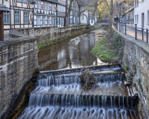 Half-timbered houses by the Abzucht stream in the historic old town, Goslar, Harz, Lower Saxony, Germany