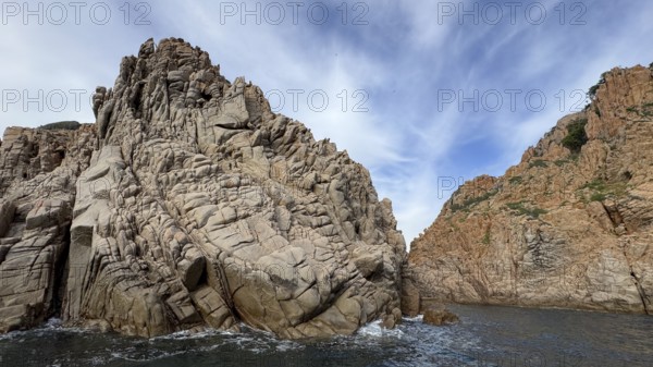 Rock formations and deep blue water, Capo Rosso, Gulf of Porto, Corsica, Corsica, France