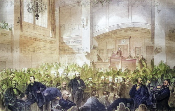 The Reichstag in Berlin, Germany, coloured wood engraving, reproduction from a model from ca 1888, Historical, A large gathering of men in a hall during a political event