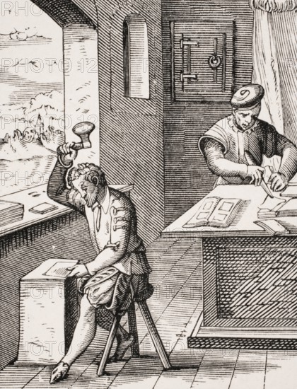 Gold beater. Reproduction of a woodcut from the 16th century by Jost Amman from the 19th century, digital reproduction of a historical model