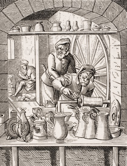 Tin man, tinsmith. Reproduction of a woodcut from the 16th century by Jost Amman from the 19th century, digital reproduction of a historical model