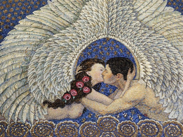 Mosaic entitled The Kiss by Friedrich Wilhelm Kleukens in the Wedding Tower, Mathildenhöhe, Darmstadt, Hesse, Germany