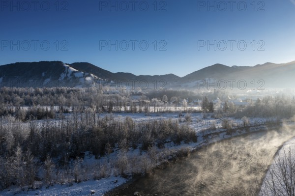 Sunrise on the Isar, Isar valley near Arzbach, Tölzer Land, in winter, aerial view, Upper Bavaria, Bavaria, Germany