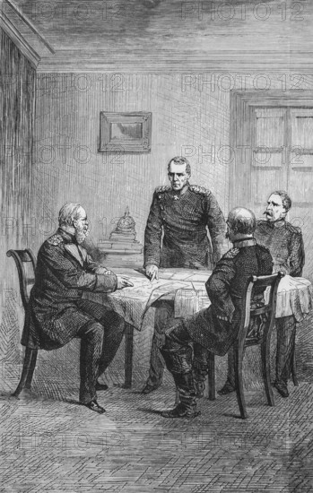 War council at Gitschin or Jicín, today Czech Republic, Battle of Gitschin in the German War of 1866, Saxony and Austria against Prussia, Prussian victory, interior with table and chairs, maps, Prussian generals discuss warfare, historical illustration 1884