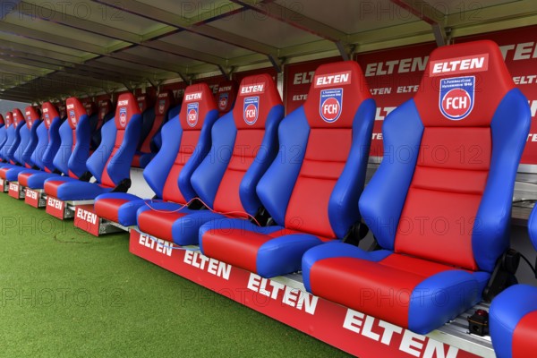 Bench, bench, empty, Elten, logo, relegation, Bundesliga, Voith-Arena, Heidenheim, Baden-Württemberg, Germany