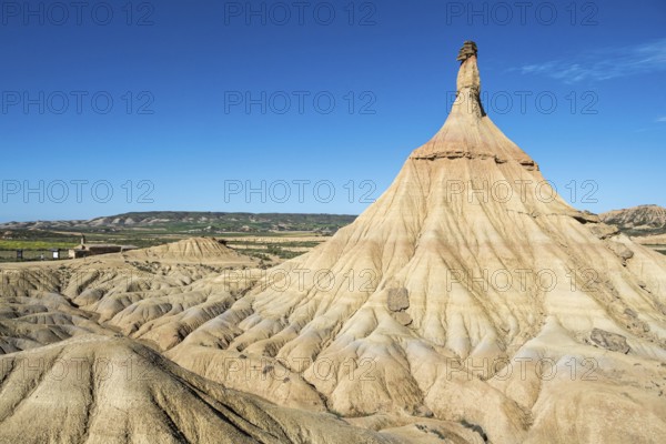Castildetierra rock formation, semi-desert, Bardena Blanca area, Bardenas Reales Nature Park, Navarre, Spain