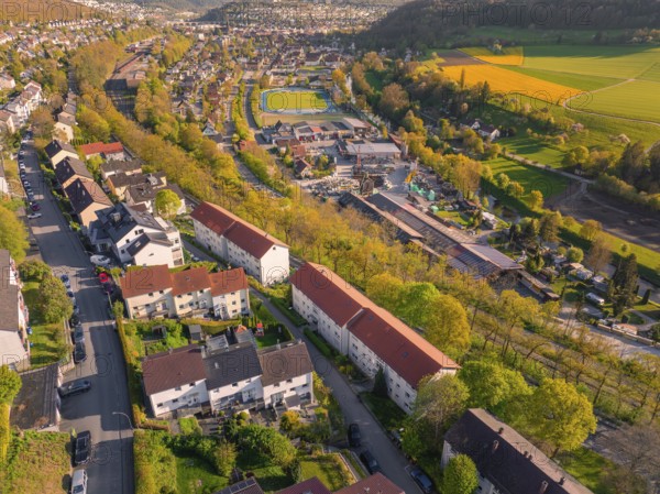 Bird's eye view of a residential area and adjoining fields in autumnal surroundings, Nagold, Calw district, Germany
