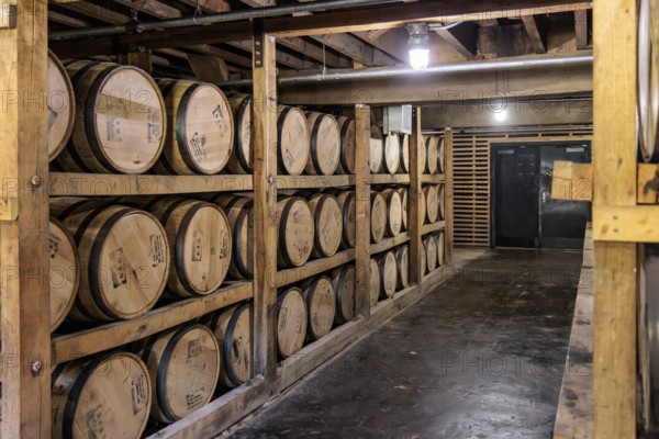 Barrels of whiskey aging in one of the barrel houses at the Jack Daniel Distillery in Lynchburg, Tennessee