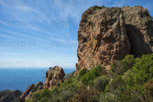 Panorama, Pic du Cap Roux, near Anthéor, Saint-Raphaël, Massif de l'Esterel, Esterel Mountains, Département Var, Cote d'Azur, Provence-Alpes-Côte d'Azur, France